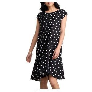 Blue Illusion French Linen Sun Dress Womens Sz L Polka Dot Timeless Coastal Midi